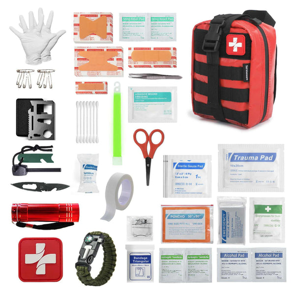 Surviveware 200-piece waterproof premium survival first aid kit with organized compartments and MOLLE straps for outdoor emergencies