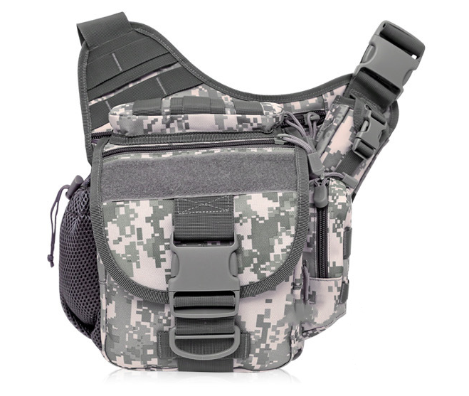 Outdoor saddle bag for SLR cameras with waterproof fabric and spacious compartments in Jungle Digital pattern