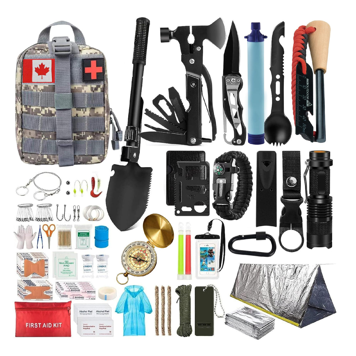 Grey Emergency Survival Kit with First Aid and Outdoor Tools for Camping and Hiking