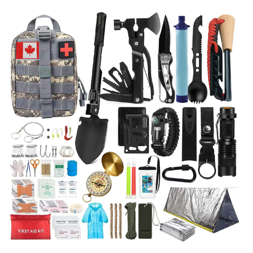 Grey Emergency Survival Kit with First Aid and Outdoor Tools for Camping and Hiking