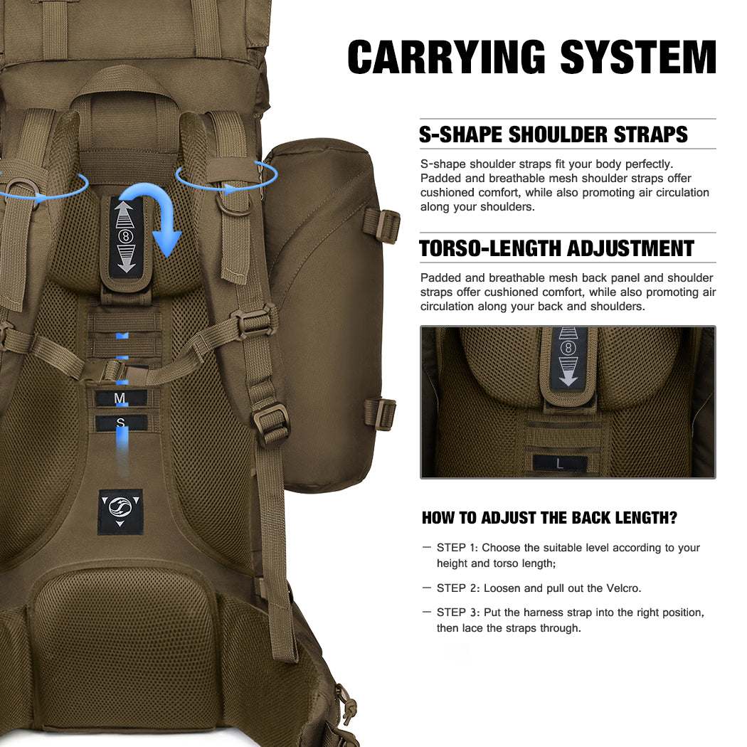 MARDINGTOP 65+10L Tactical Backpack with removable rain cover and adjustable straps in black and army green colors