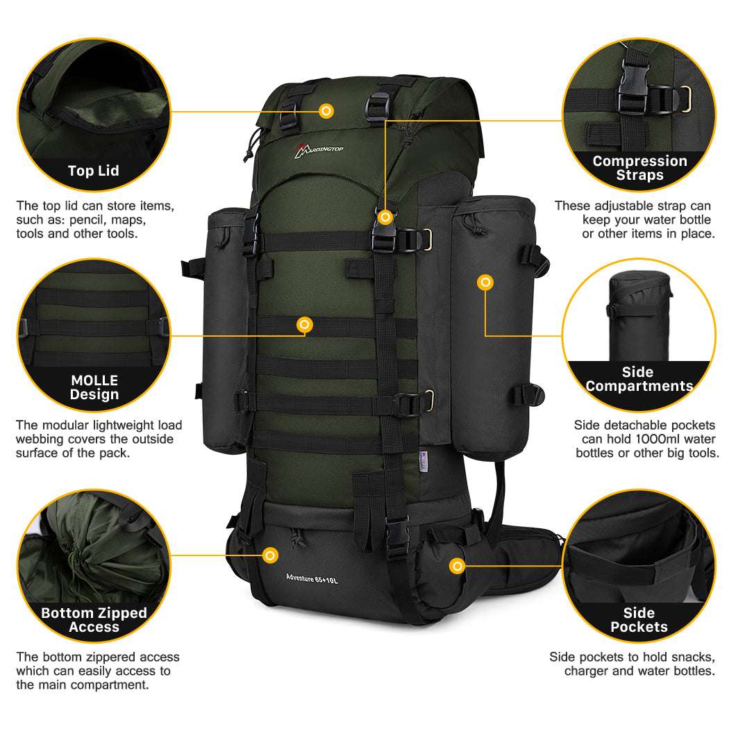 MARDINGTOP 65+10L Tactical Backpack with rain cover in black and army green for outdoor adventures