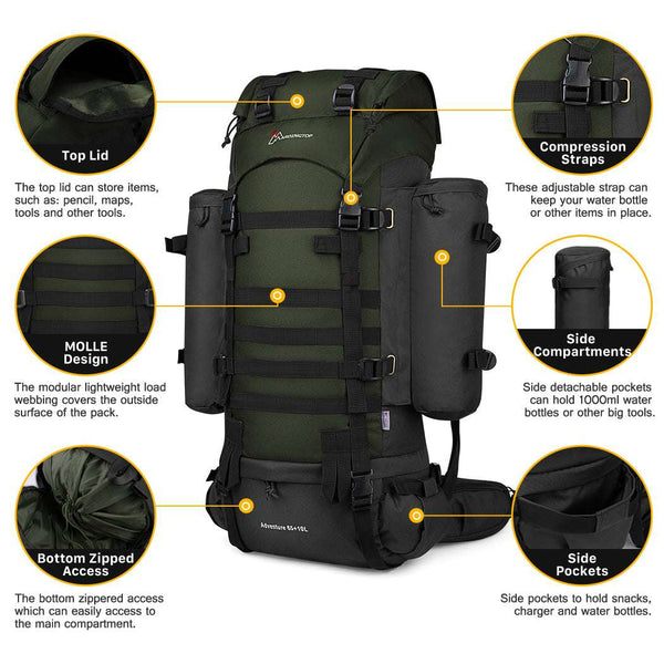 MARDINGTOP 65+10L Tactical Backpack with rain cover in black and army green for outdoor adventures