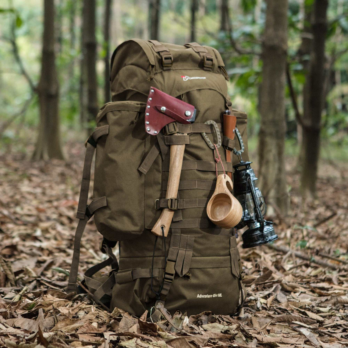 MARDINGTOP 65+10L Tactical Backpack with rain cover in black and army green, durable 600D polyester, adjustable straps, and water bottle hook for outdoor adventures