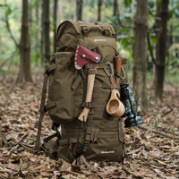 MARDINGTOP 65+10L Tactical Backpack with rain cover in black and army green, durable 600D polyester, adjustable straps, and water bottle hook for outdoor adventures