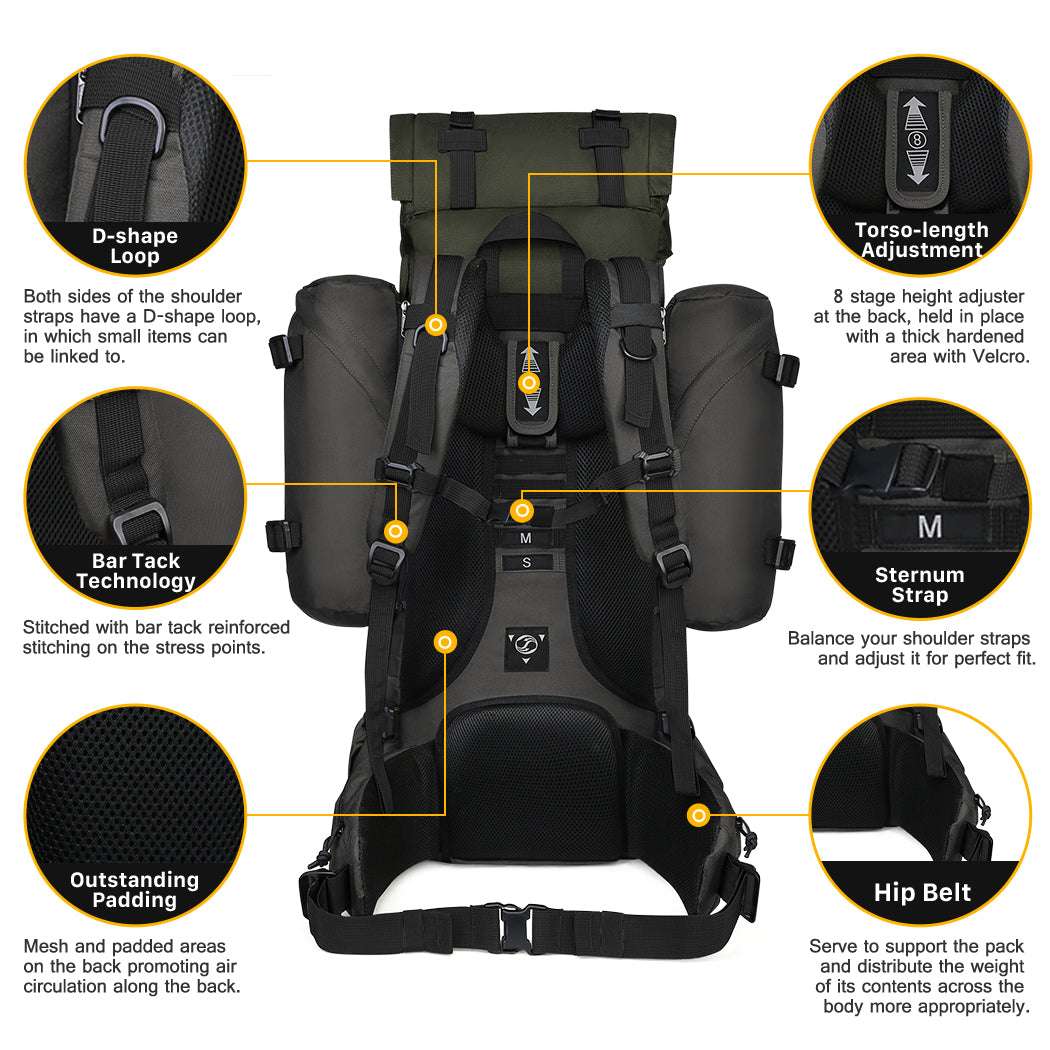 MARDINGTOP 65+10L Tactical Backpack in black with rain cover and adjustable straps for outdoor adventures