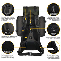 MARDINGTOP 65+10L Tactical Backpack in black with rain cover and adjustable straps for outdoor adventures