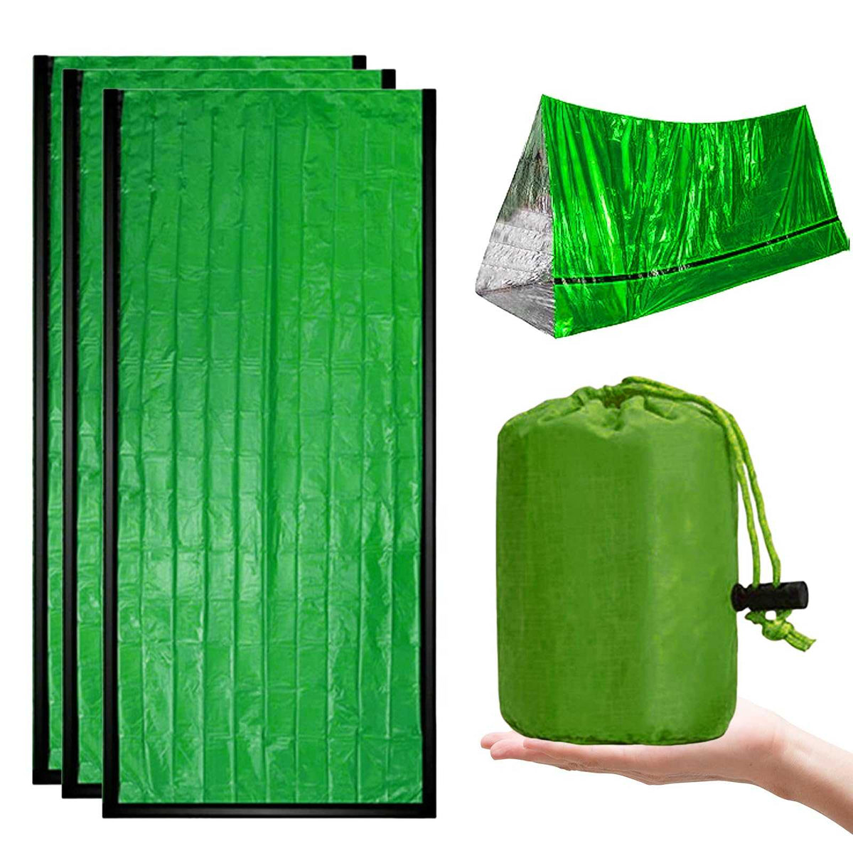 Green 3PCS Emergency Sleeping Bags for outdoor survival camping, waterproof and thermal protection