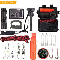 Outdoor Adventure SOS Survival Gear Set with flashlight, compass, fire stick, whistle, carabiner, umbrella rope, and fishing tools in compact black case