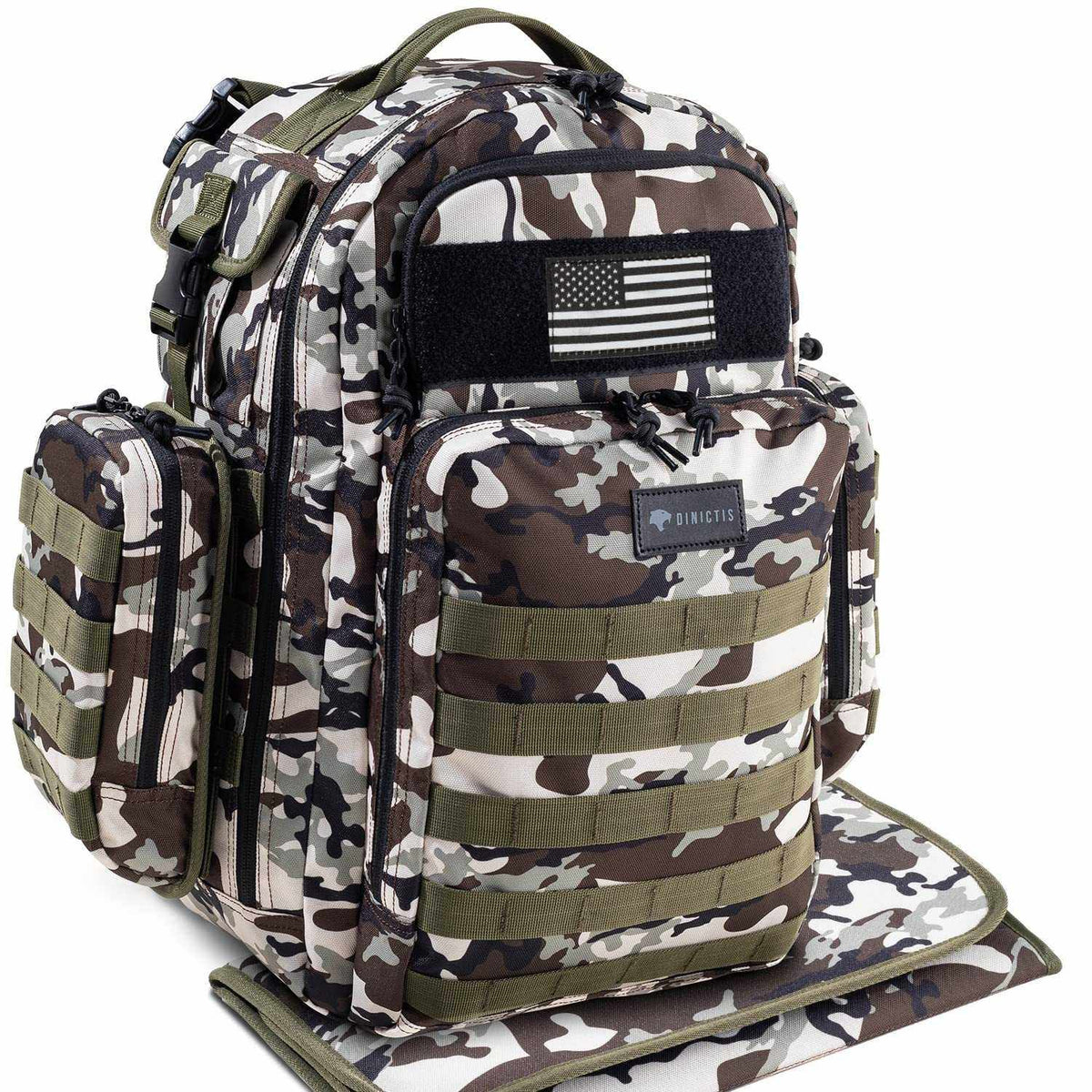 Dinictics Mens Diaper Bag Backpack in camo with waterproof fabric, Molle webbing, insulated bottle pockets, and diaper changing mat