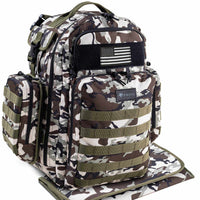 Dinictics Mens Diaper Bag Backpack in camo with waterproof nylon, Molle webbing, insulated bottle pockets, and diaper changing mat