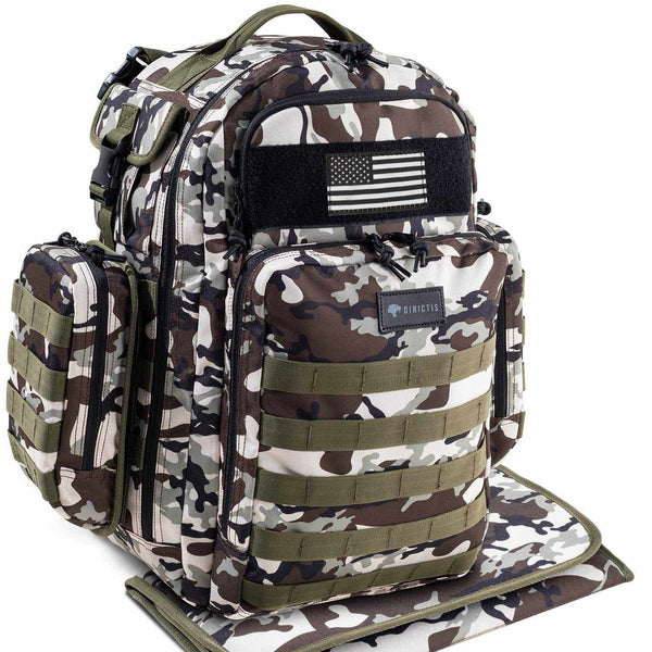 Dinictics Mens Diaper Bag Backpack in camo with waterproof nylon, Molle webbing, insulated bottle pockets, and diaper changing mat