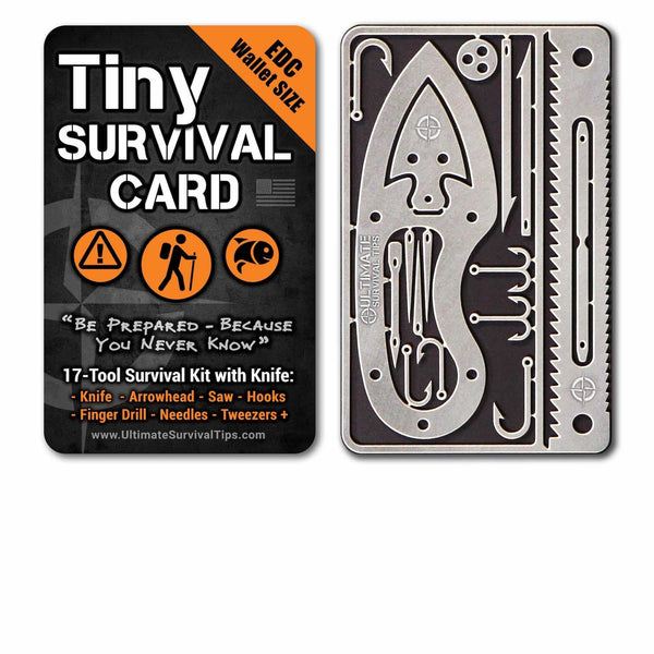 Tiny Survival Card wallet-sized fishing and wilderness survival kit with knife and fishing tools