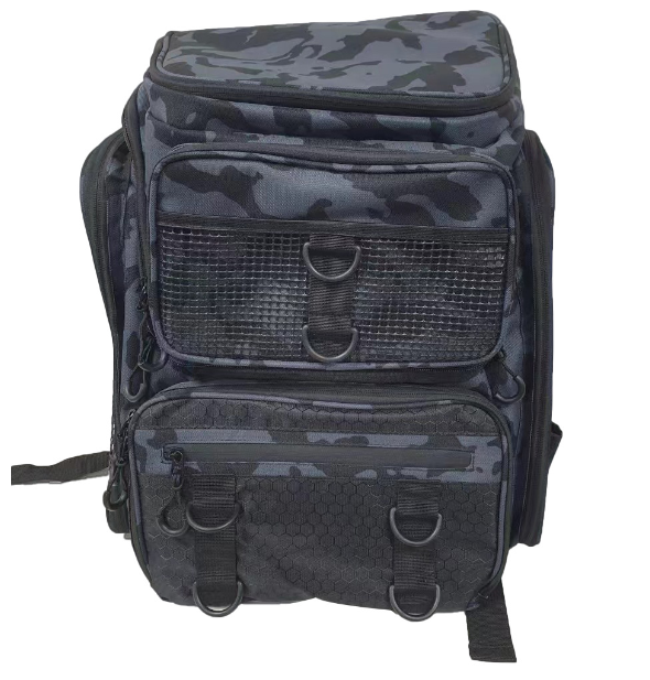 Waterproof fishing gear storage backpack in camouflage design with multiple compartments