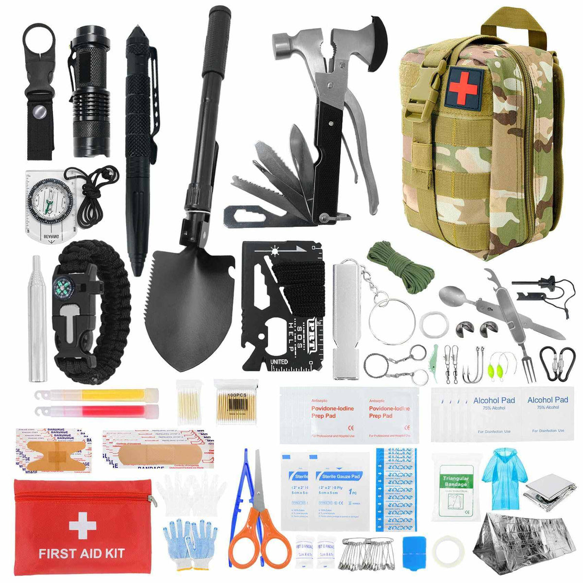 Portable Molle System 404-piece emergency survival and first aid kit with durable green tactical bag and organized compartments for outdoor camping and disaster preparedness