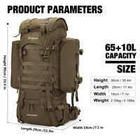 MARDINGTOP 65+10L Tactical Backpack in black and army green with rain cover for outdoor adventures