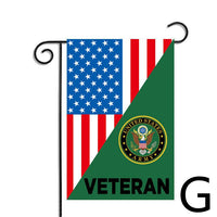 Polyester American Veteran garden flag with patriotic design in garden setting